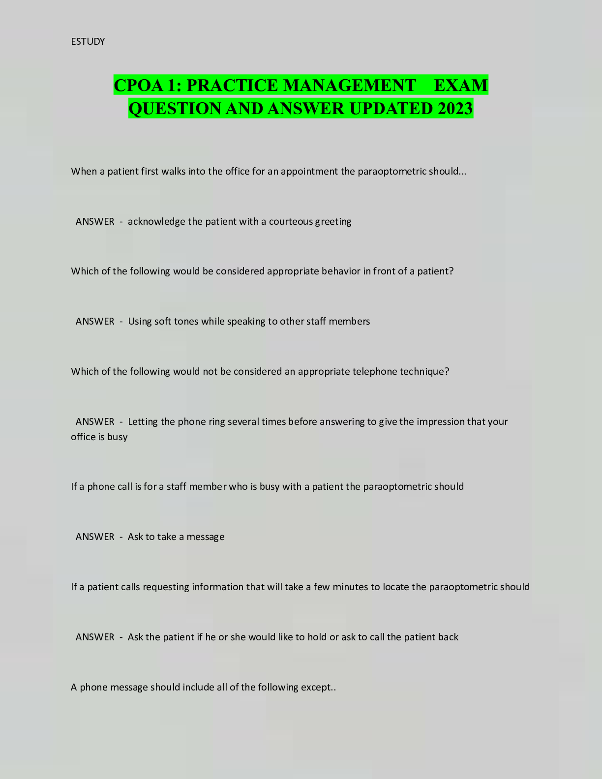 Preview image for CPOA 1: PRACTICE MANAGEMENT EXAM  QUESTION AND ANSWER UPDATED 2023